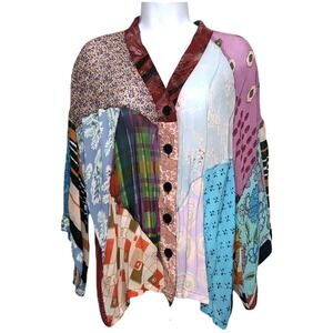 Sacred Threads Sheer Shirt Womens M Patchwork Artsy Boho Button Front Rayon Top